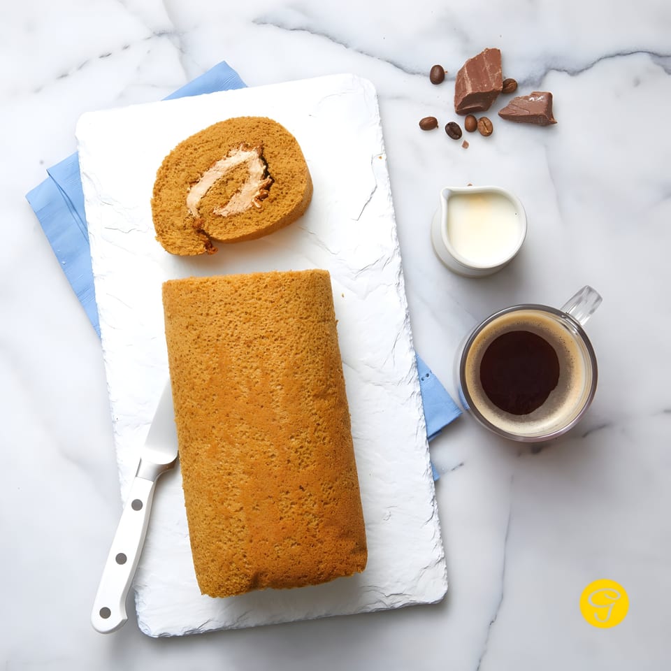 Overhead view of a Goldilocks mocha roll, a slice, coffee, milk, and chocolate on marble.