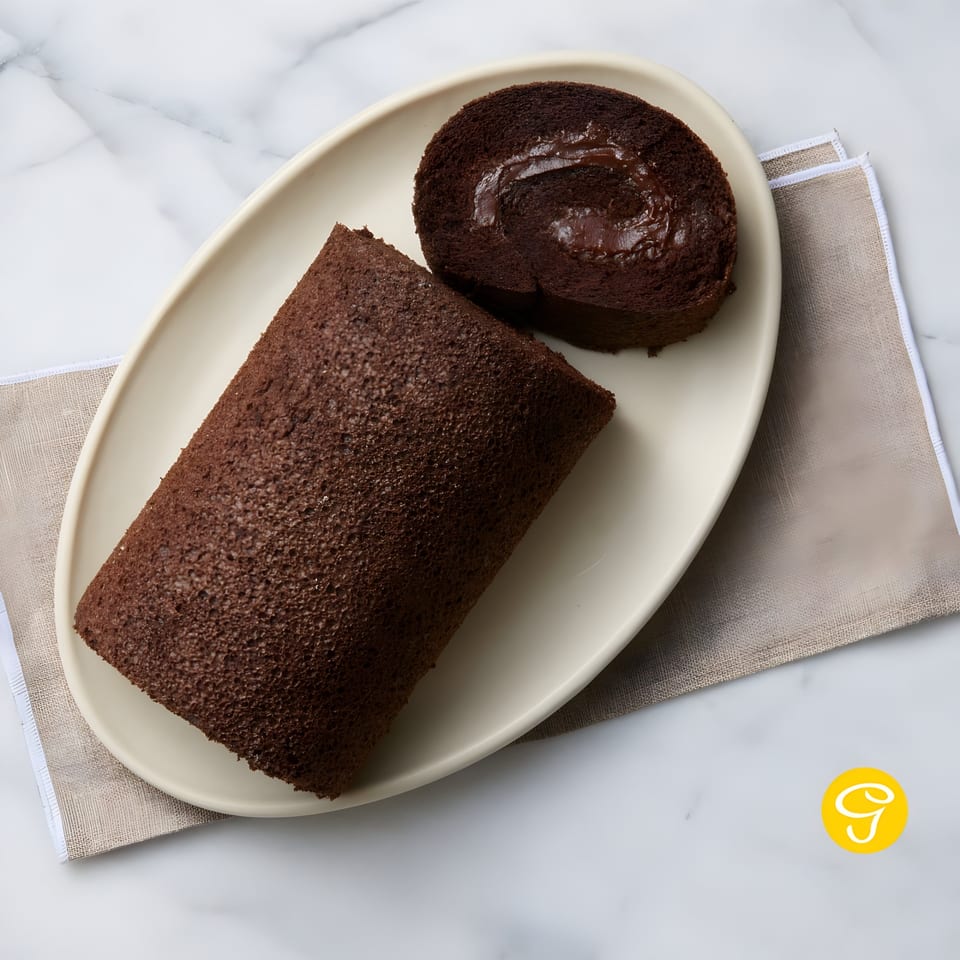 A whole chocolate roll cake and a slice with creamy filling on a white plate.