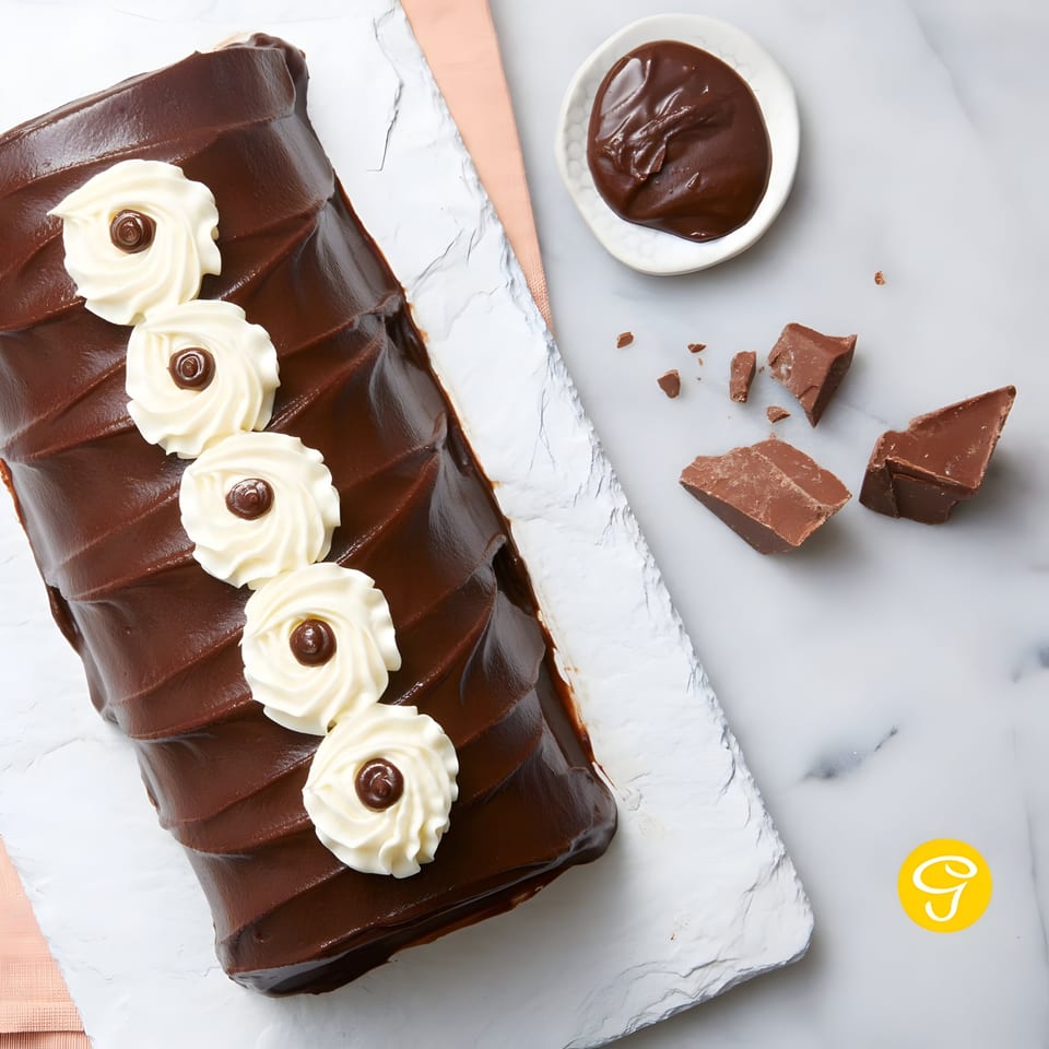Overhead view of a Goldilocks chocolate roll cake with white frosting swirls, chocolate sauce, and chocolate chunks.