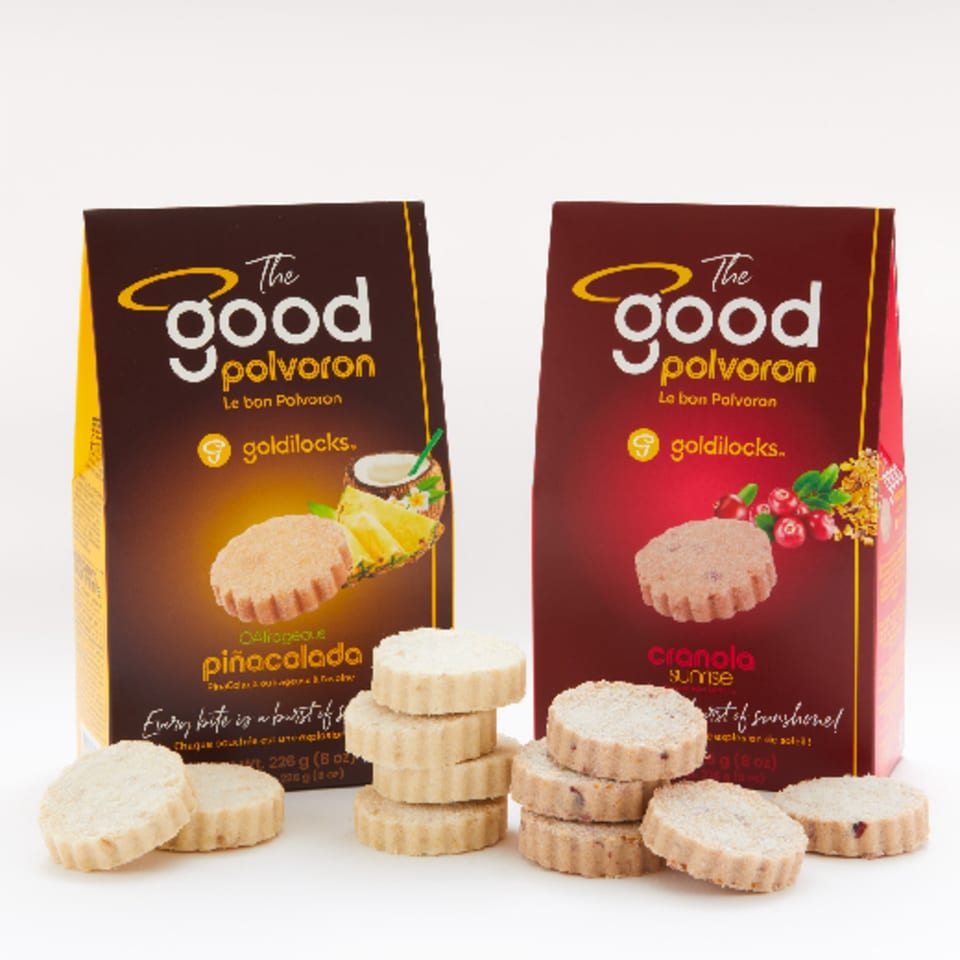 Goldilocks' "The Good Polvoron" in Piñacalada and Cranola Sunrise flavors with cookies displayed.