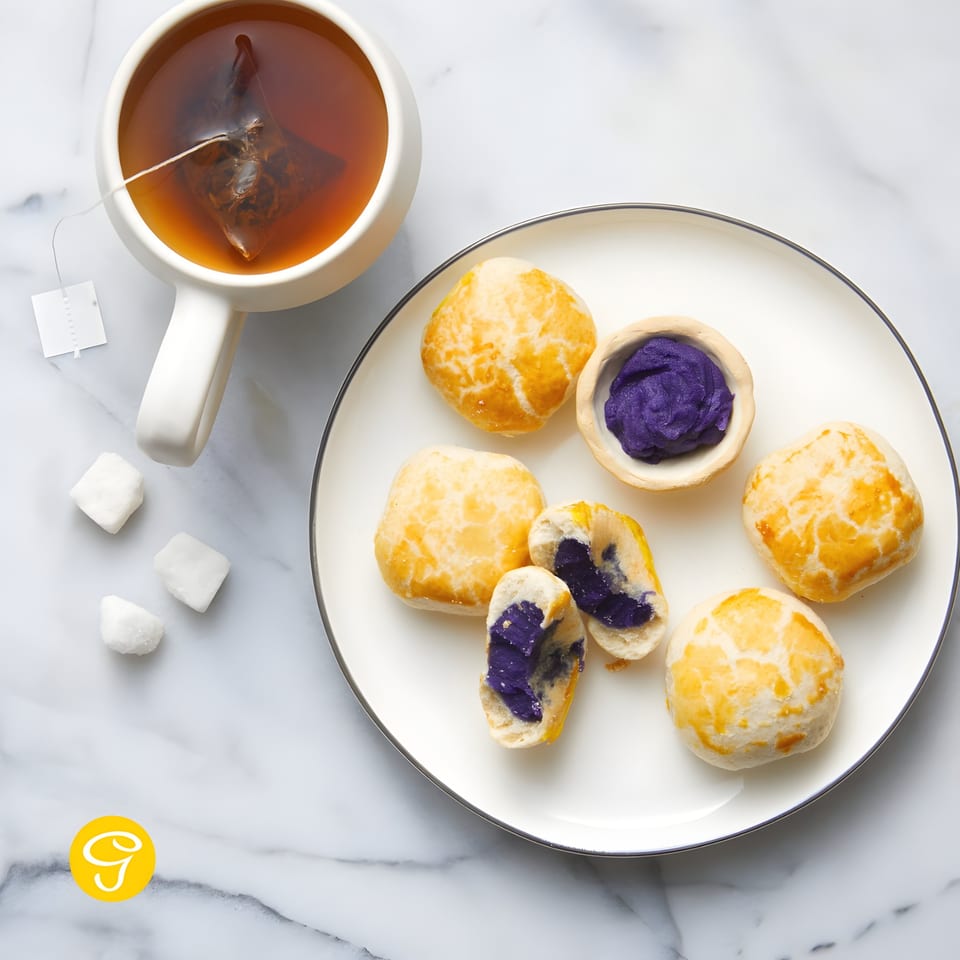 Goldilocks ube ensaymada and mamon pastries with a cup of tea and sugar cubes on marble.