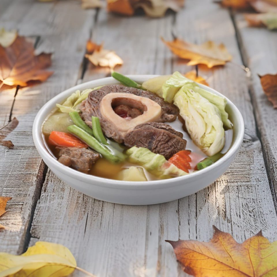 A bowl of Filipino Bulalo soup with beef shank, bone marrow, cabbage, carrots, and green beans.